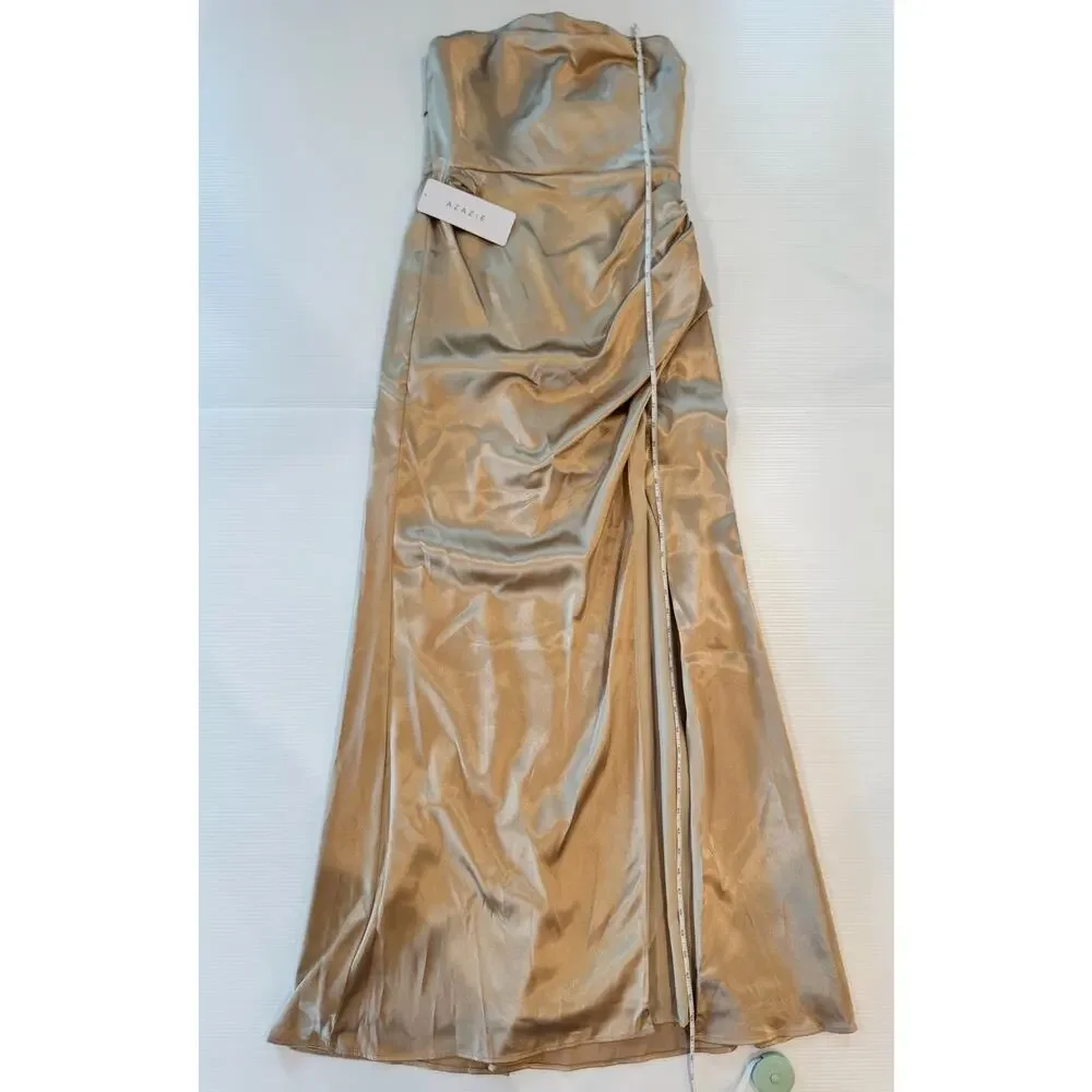 Azazie Leonis Champagne Gold Metallic Satin Mermaid Gown NWT A8 Formal Evening - Picture 11 of 16